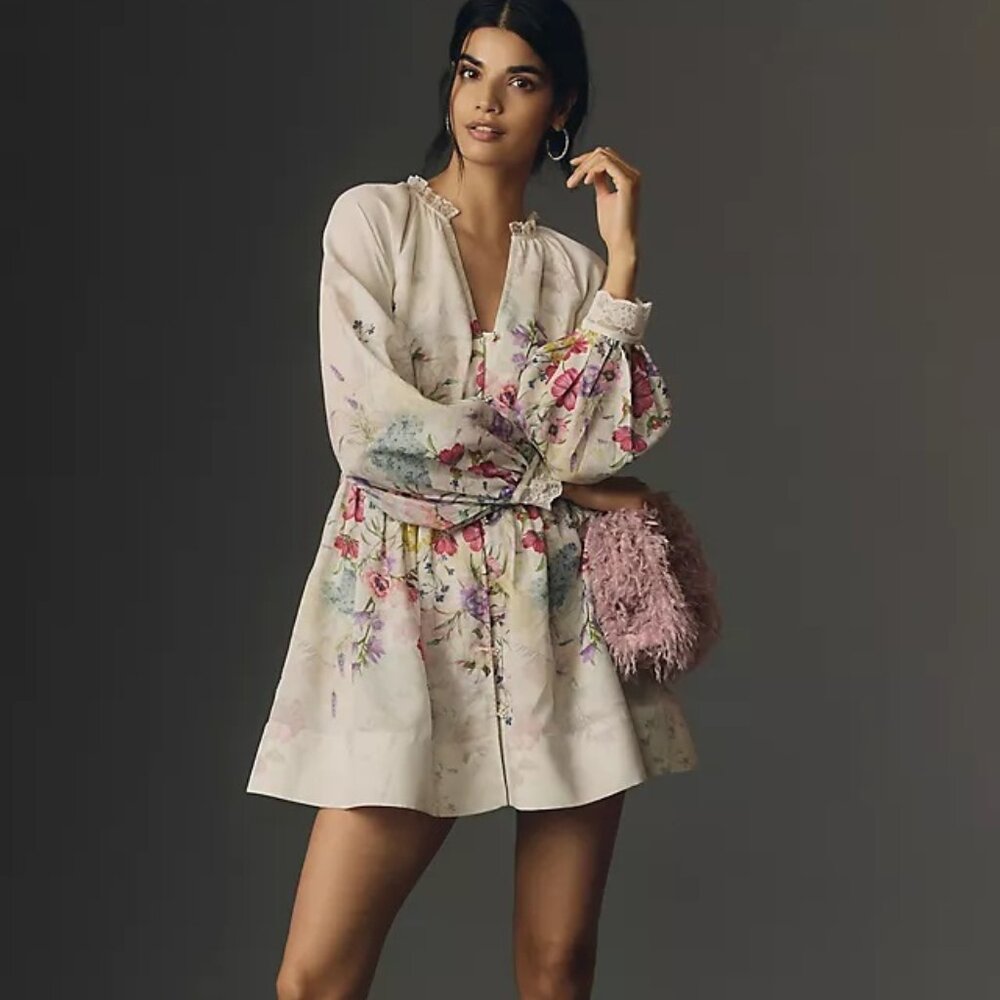 Anthropologie Let Me Be V-Neck A-Line Mini White Floral Dress